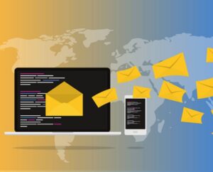 email services represented by yellow email envelopes coming from computer and phone screens